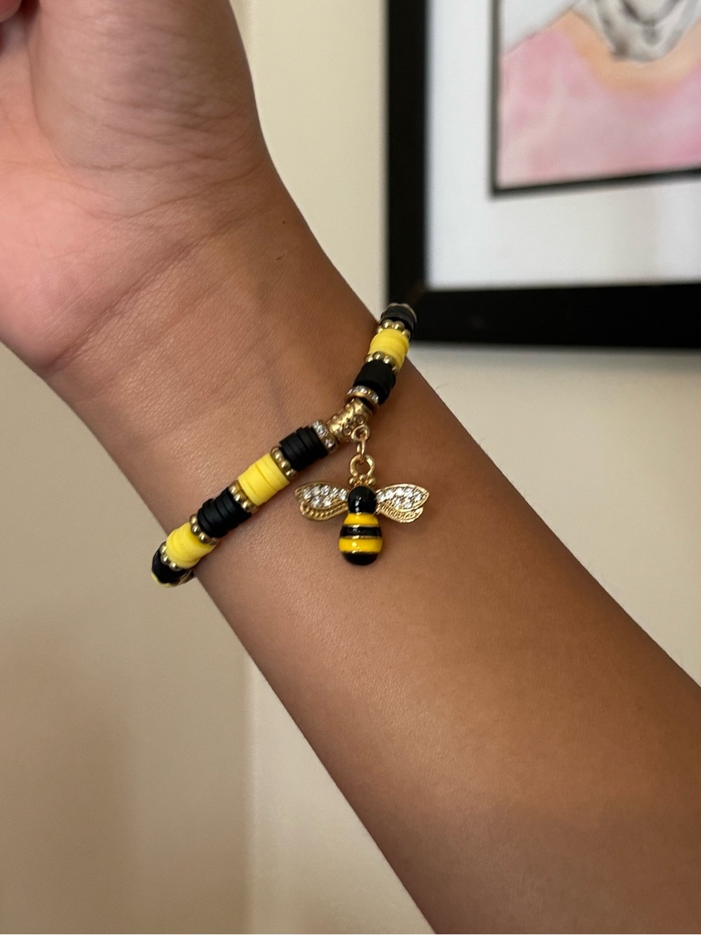Bee Charm Beaded Bracelet in Yellow and Black